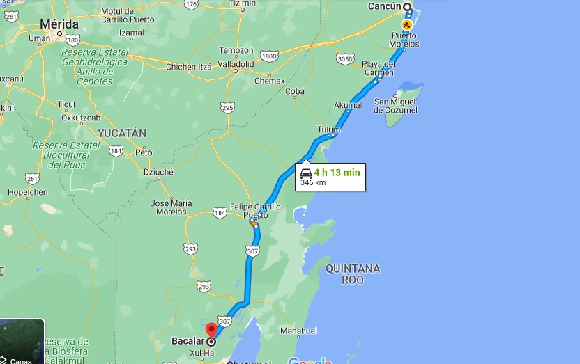 Distance from Cancun to Bacalar